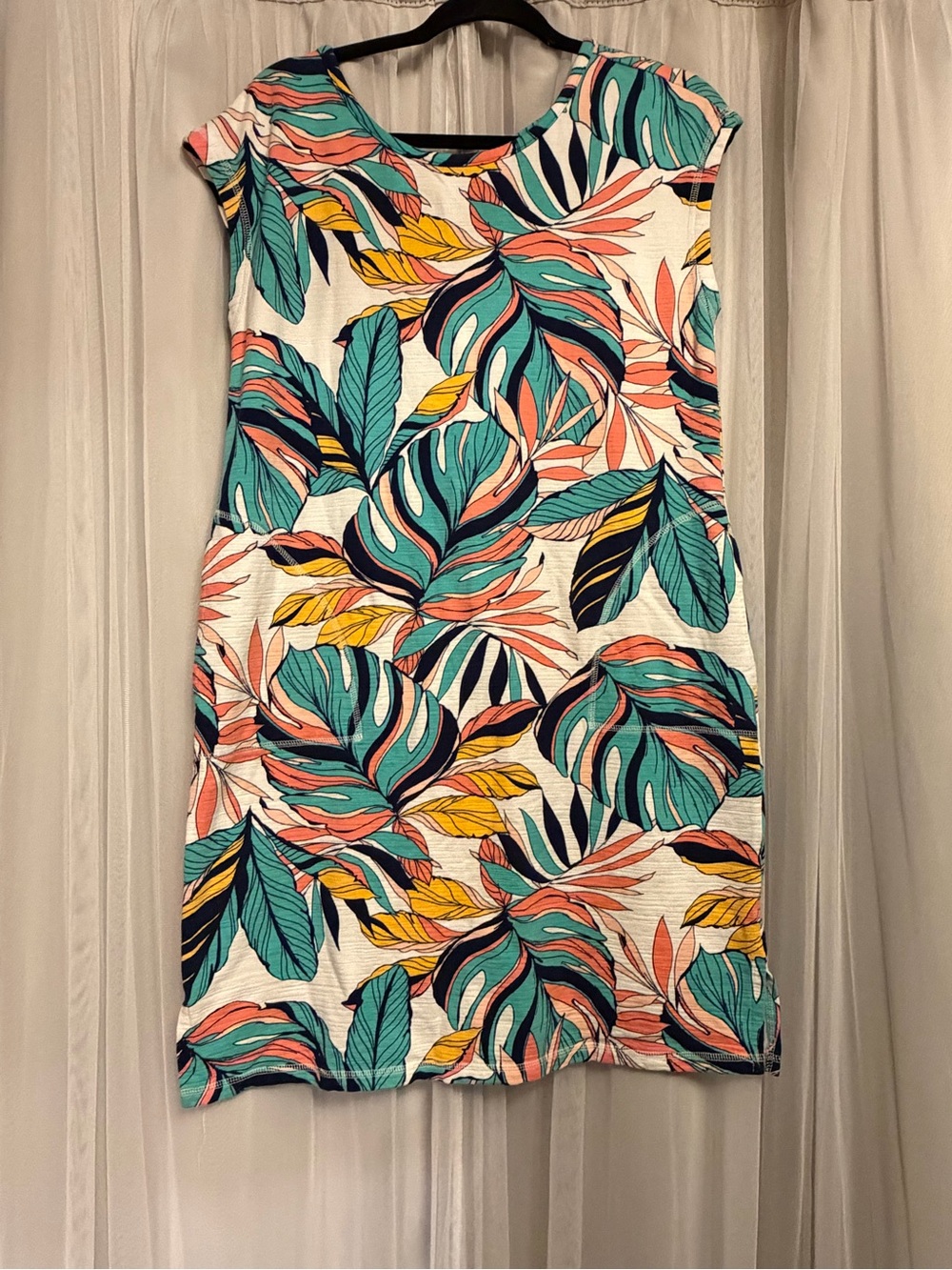 Talbots Multicolor Tropical Leaf Shift Dress - Teal, Coral, Navy & Yellow SPF50